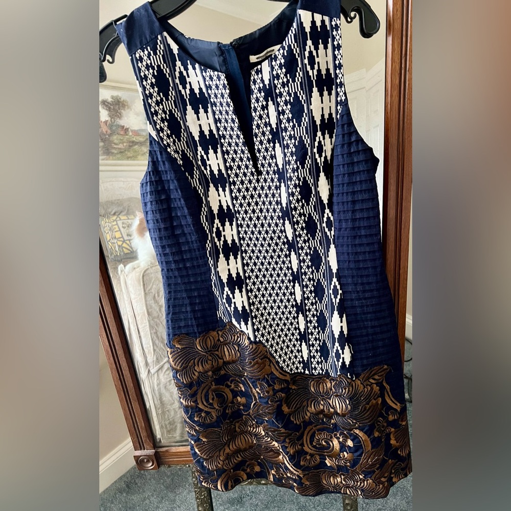 Floreat Navy and White Patterned Dress with Gold Floral Accents